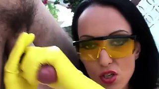 Long Yellow Latex Handjob FemDom