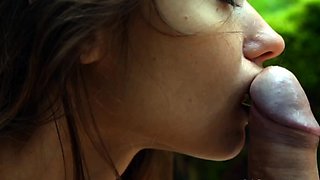 Teen seductress delivers cocksucking masterpiece outdoors