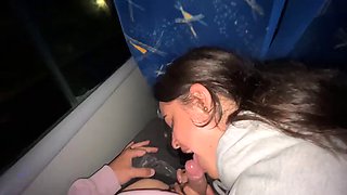 I suck an unknown passenger on a real bus and he cums in my mouth