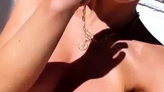 Sultry housewife flashing her lovely big tits outdoors