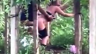 Spying blonde hooker fucking in the woods