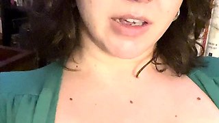 Busty curly brunette with big boobs fucks on couch