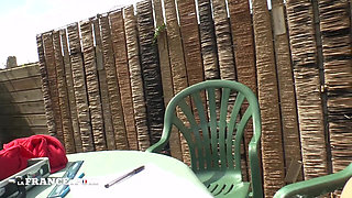 Skinny French Arab Slut with Tiny Tits in Fishnet Stockings Gets Screwed up and Cum Covered After a Good Rimming in the Garden