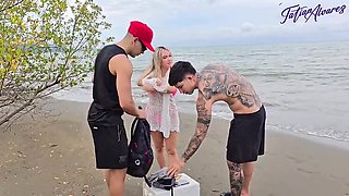 Beach Threesome Sex - Blonde Latina MILF with Big Tits Fucks Boyfriend and His Friend Outdoor