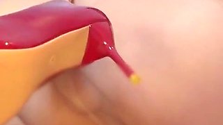 TRANSSEXUAL Nylon Fetish - Tugging Off in Sheer Tights & Crimson High-heeled slippers (Spunk Inwards)