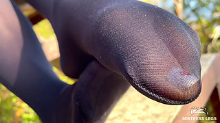 Black Pantyhose Feet Rubbing - Outdoor Nylon Soles Tease After the Climb - Part-1