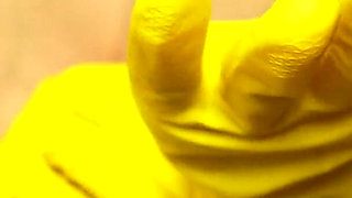 Giantess Stepsister Puts Tiny Stepbrother in Her Yellow Dishwashing Glove Then Plays with Him Has Fun with Him