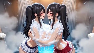 Cute Anime Girls Showering, Ai Animation