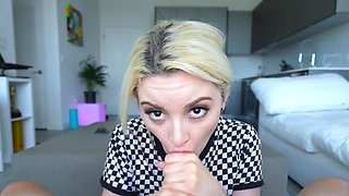 Dorky blondie with a trimmed pussy rides a fat one
