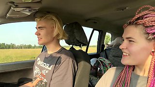 Sex with a blogger in a car in the sun on a field with behind the scenes footage