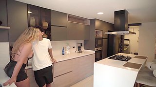 Redhead busty Latina caught her bf fucking her stepmom on the kitchen