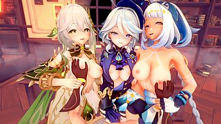 Genshin Impact - Furina, Nahida, Mualani, Lynette enjoy steamy harem action in 3D hentai film!