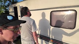 Big tits MILF gets fucked against a caravan outdoors