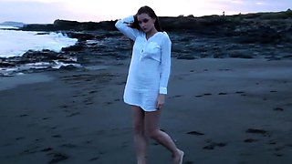 Lewd brunette ashley storm jerks big cock outdoor