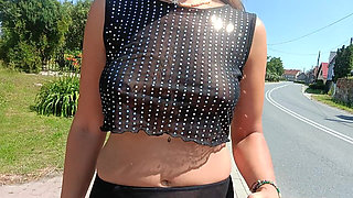 Walking Down the Street in a See-through Blouse Public Flashing of Tits and Pussy