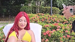 Pool Attendant Gives His Redheaded Boss a Blowjob Outdoors - Brandon Cruz & Alejandra Palacios