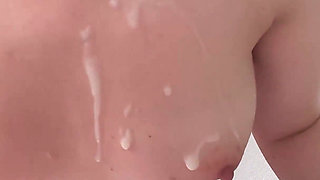 Slim Brunette in Pantyhose Performs Fantastic Footjob, Rimming and Handjob with Abundant Cumshot