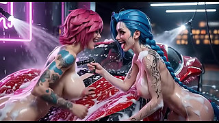 Jinx and Vi Washing the Red Ferrari Wet and Soapy
