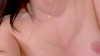 Small titted brunette teen fingering on the bed