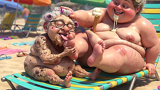 Elderly Granny Passionately Sucking BBW Feet on the Beach