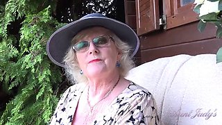 Auntjudys - 66yo Hairy Mature GILF Mrs. Claire Sucks Your Cock in the Garden pov