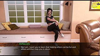 Busty brunette dives into steamy stories in this visual novel game