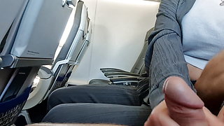 Risky airplane blowjob/handjob and hot pussy fingering in the public toilet! ALMOST CAUGHT