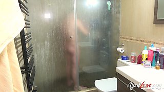Watch John Luna's visitor get a rough shower pounding from his big mature tits