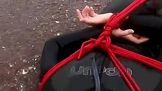Hogtied in a Wetsuit - Rope Bondage Escape Challenge on the Beach