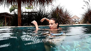 Skinny Latina Jerking Off in a Common Pool in Thailand
