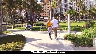 Cali Carter's Fake Tits Bounce While She Rides Trainer's Big Cock After a Beach Session